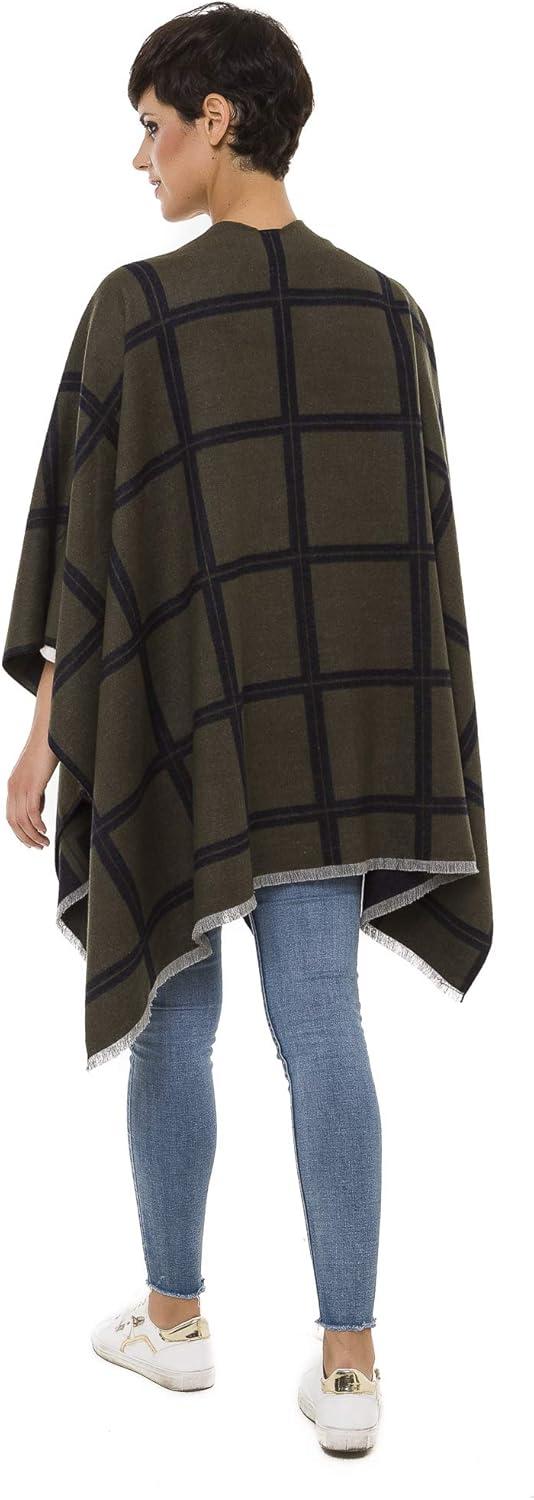 imageWomens Shawl Wrap Poncho Ruana Cape Cardigan Sweater Open Front for Fall WinterPlaid Design  Navy Green