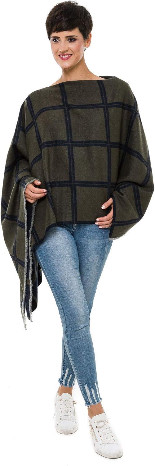 imageWomens Shawl Wrap Poncho Ruana Cape Cardigan Sweater Open Front for Fall WinterPlaid Design  Navy Green
