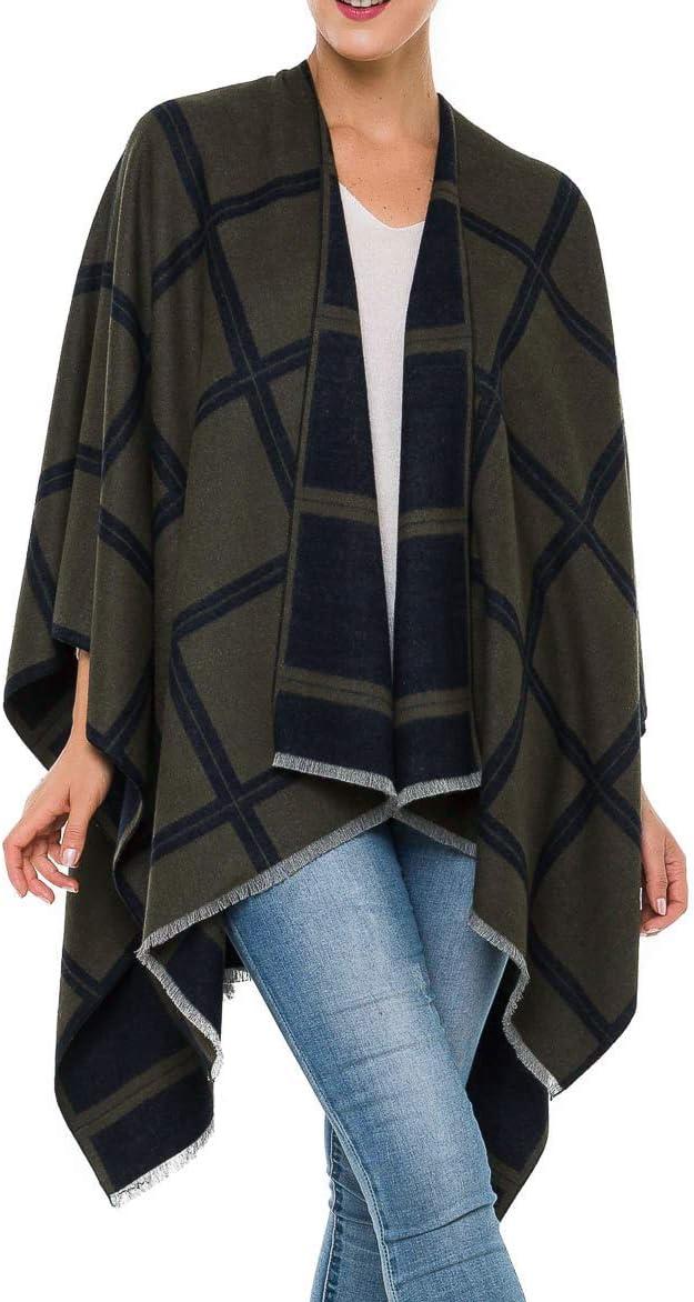 imageWomens Shawl Wrap Poncho Ruana Cape Cardigan Sweater Open Front for Fall WinterPlaid Design  Navy Green