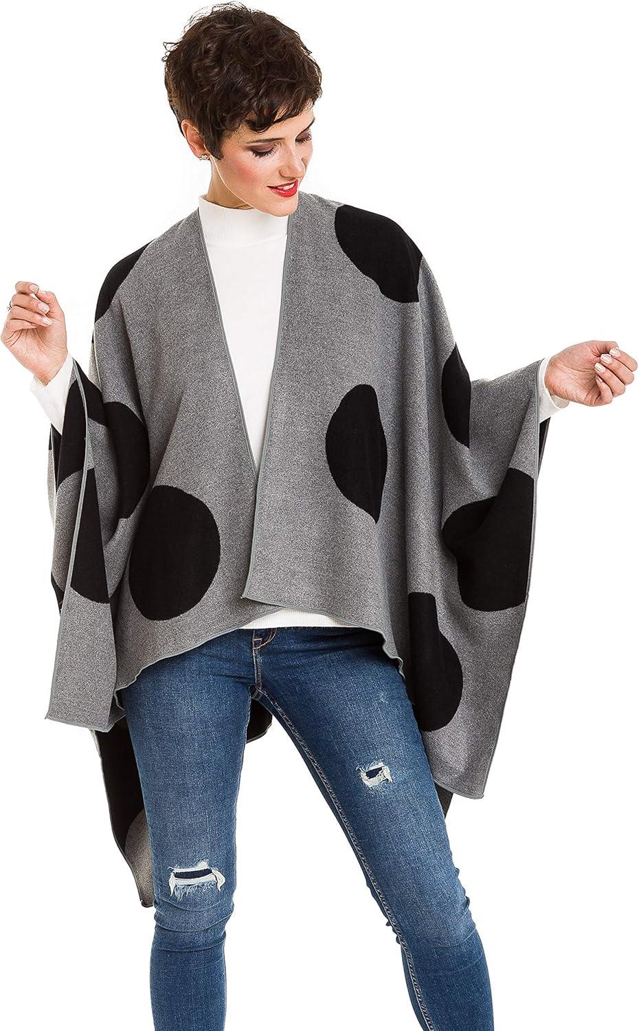 imageWomens Shawl Wrap Poncho Ruana Cape Cardigan Sweater Open Front for Fall WinterSpanish Design  3 Polka Dots Black Gray