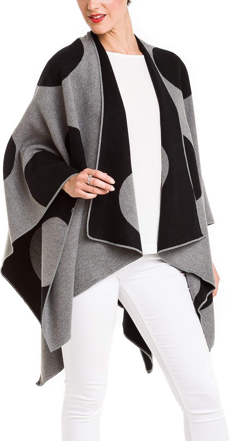 imageWomens Shawl Wrap Poncho Ruana Cape Cardigan Sweater Open Front for Fall WinterSpanish Design  3 Polka Dots Black Gray