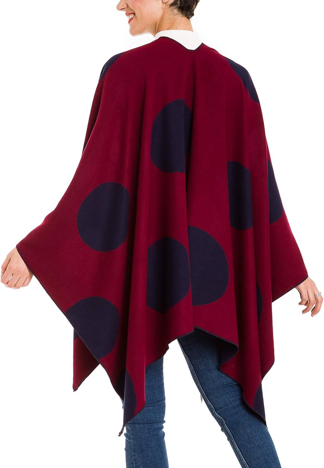 imageWomens Shawl Wrap Poncho Ruana Cape Cardigan Sweater Open Front for Fall WinterSpanish Design  3 Polka Dots Red Navy