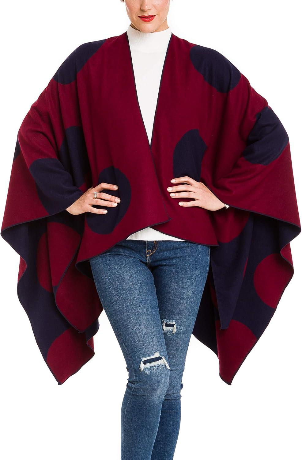 imageWomens Shawl Wrap Poncho Ruana Cape Cardigan Sweater Open Front for Fall WinterSpanish Design  3 Polka Dots Red Navy