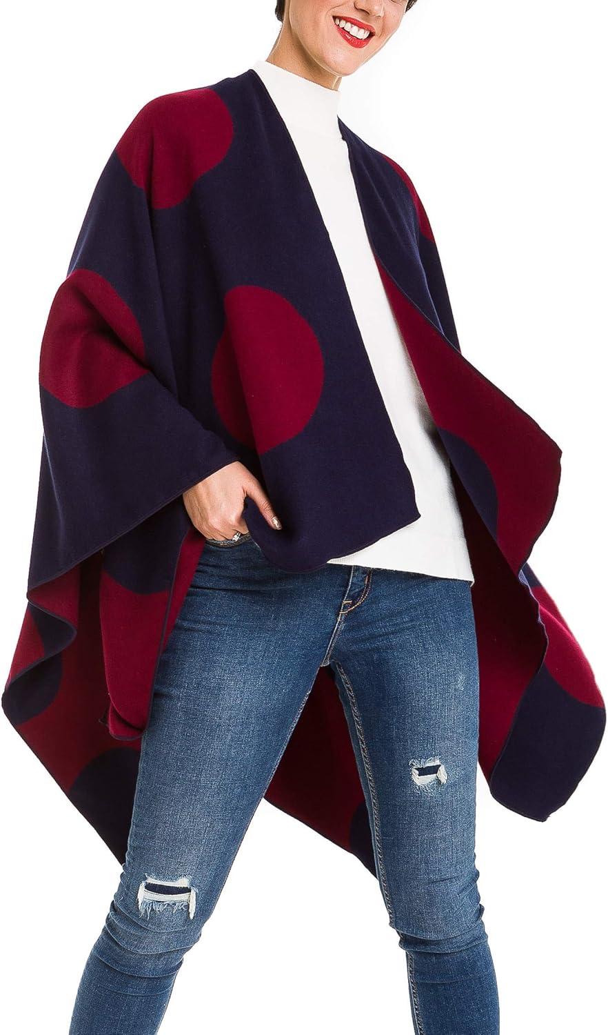 imageWomens Shawl Wrap Poncho Ruana Cape Cardigan Sweater Open Front for Fall WinterSpanish Design  3 Polka Dots Red Navy