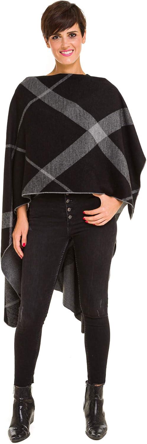 imageWomens Shawl Wrap Poncho Ruana Cape Cardigan Sweater Open Front for Fall WinterStripe Design  Black and Gray