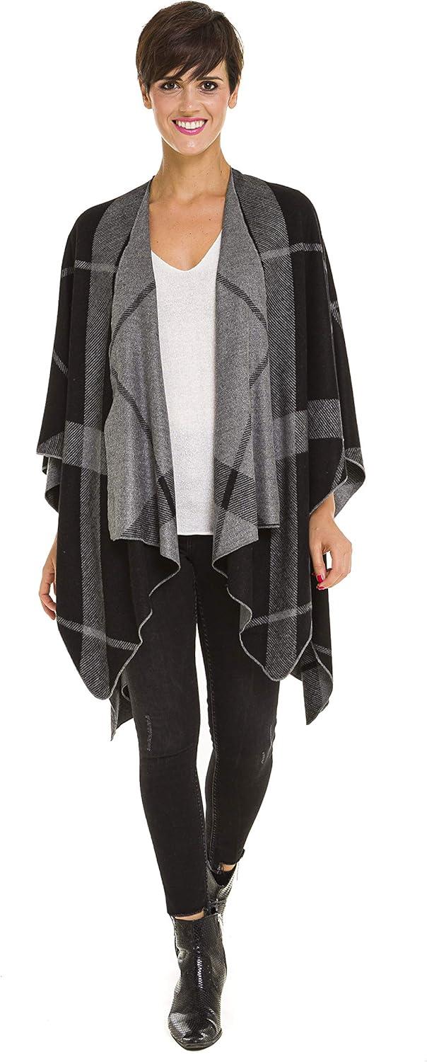 imageWomens Shawl Wrap Poncho Ruana Cape Cardigan Sweater Open Front for Fall WinterStripe Design  Black and Gray