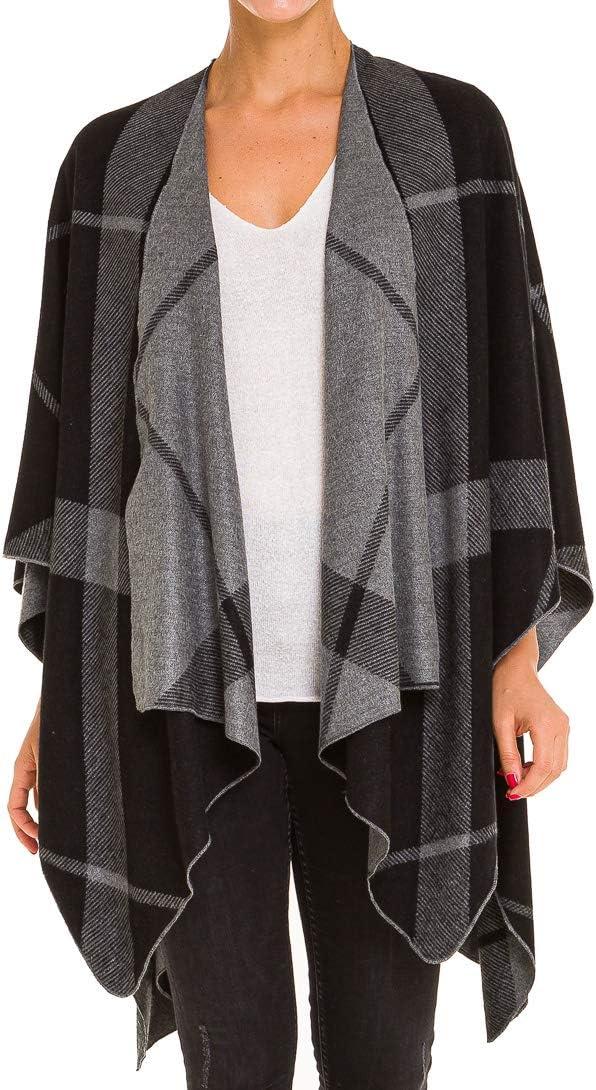imageWomens Shawl Wrap Poncho Ruana Cape Cardigan Sweater Open Front for Fall WinterStripe Design  Black and Gray