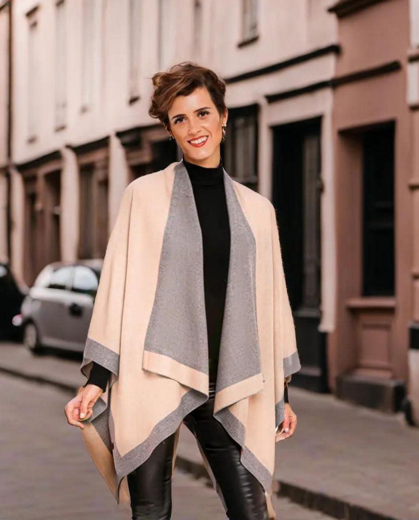 imageWomens Shawl Wrap Poncho Ruana Cape Cardigan Sweater Open Front for Travel Flight CruisesBorder Design  Beige Light Gray