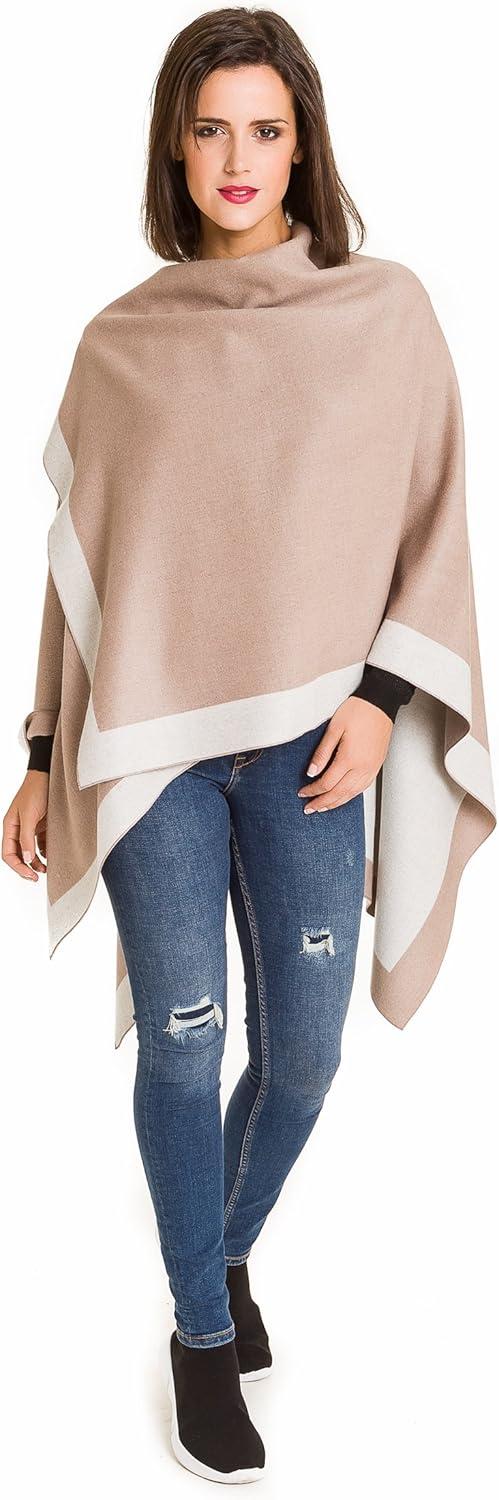 imageWomens Shawl Wrap Poncho Ruana Cape Cardigan Sweater Open Front for Travel Flight CruisesBorder Design Beige White