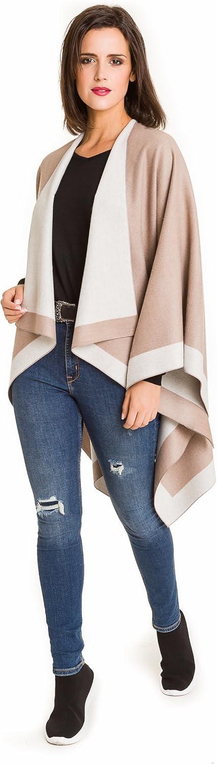 imageWomens Shawl Wrap Poncho Ruana Cape Cardigan Sweater Open Front for Travel Flight CruisesBorder Design Beige White
