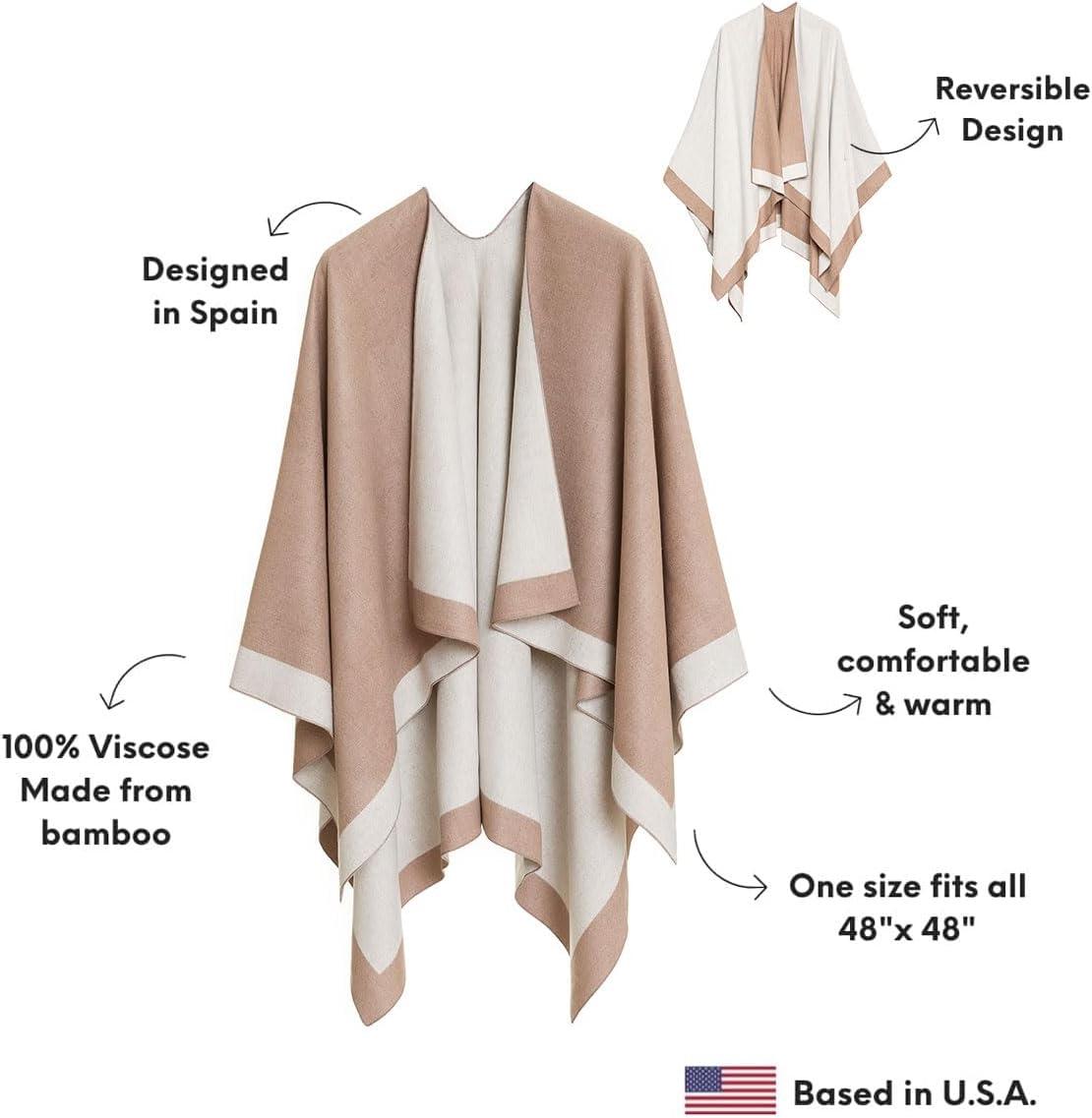 imageWomens Shawl Wrap Poncho Ruana Cape Cardigan Sweater Open Front for Travel Flight CruisesBorder Design Beige White