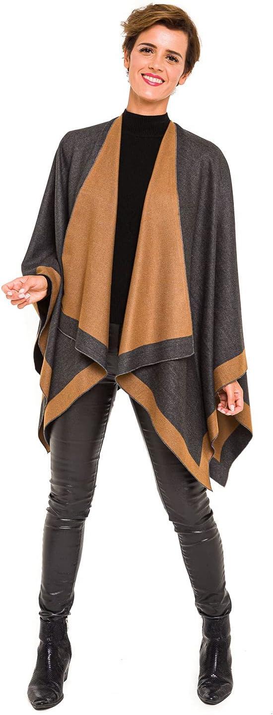 imageWomens Shawl Wrap Poncho Ruana Cape Cardigan Sweater Open Front for Travel Flight CruisesBorder Design  Dark Gray Spice