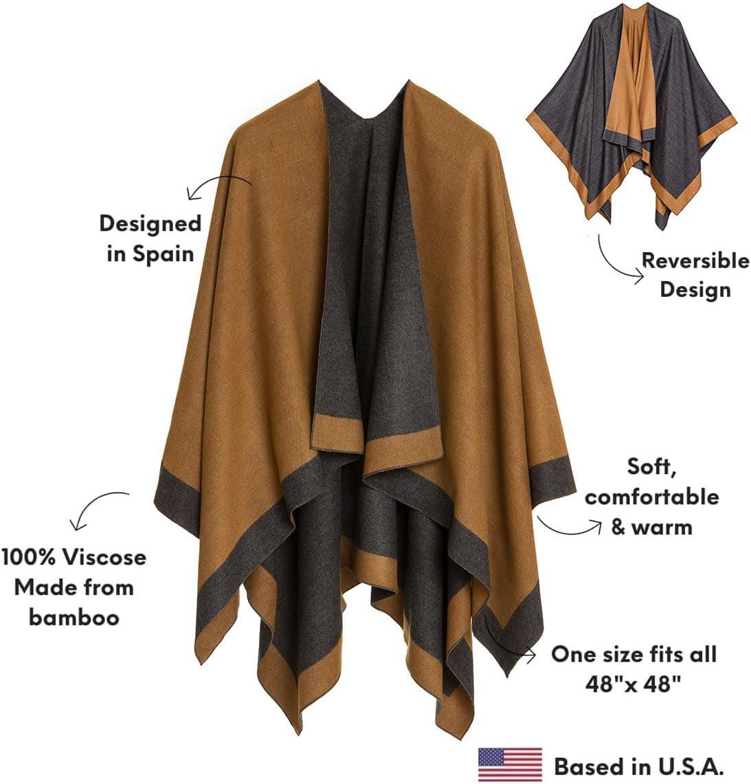 imageWomens Shawl Wrap Poncho Ruana Cape Cardigan Sweater Open Front for Travel Flight CruisesBorder Design  Dark Gray Spice