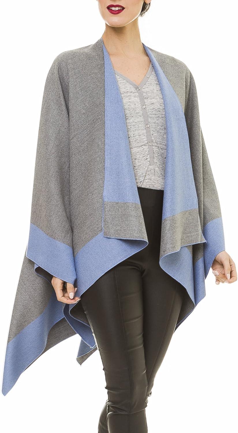imageWomens Shawl Wrap Poncho Ruana Cape Cardigan Sweater Open Front for Travel Flight CruisesBorder Design Gray Blue