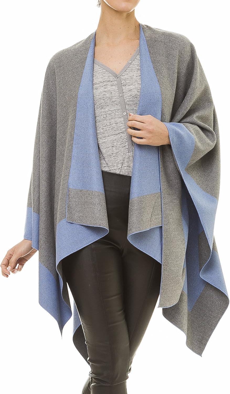 imageWomens Shawl Wrap Poncho Ruana Cape Cardigan Sweater Open Front for Travel Flight CruisesBorder Design Gray Blue