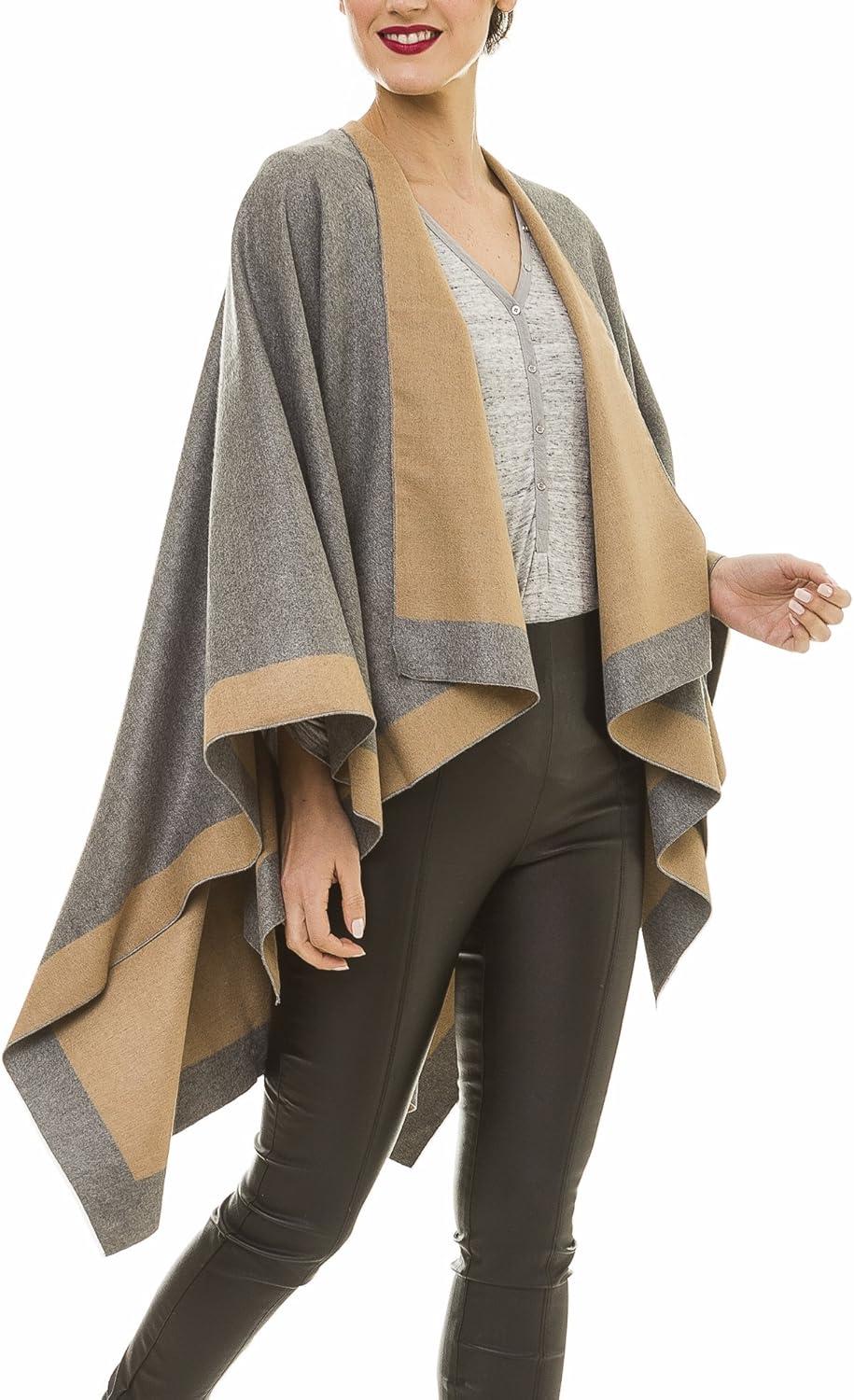 imageWomens Shawl Wrap Poncho Ruana Cape Cardigan Sweater Open Front for Travel Flight CruisesBorder Design  Gray Khaki