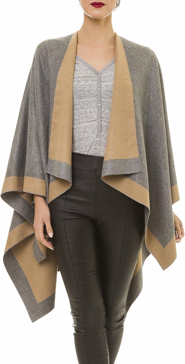 imageWomens Shawl Wrap Poncho Ruana Cape Cardigan Sweater Open Front for Travel Flight CruisesBorder Design  Gray Khaki