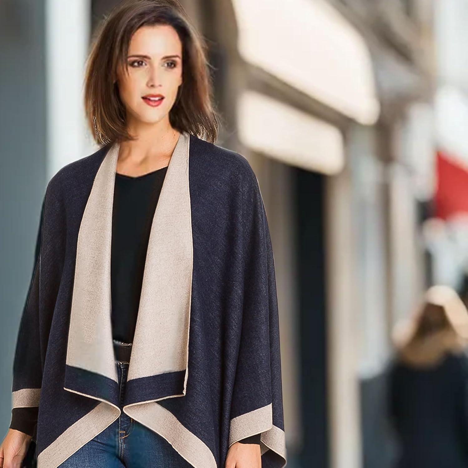 imageWomens Shawl Wrap Poncho Ruana Cape Cardigan Sweater Open Front for Travel Flight CruisesBorder Design  Gray Navy