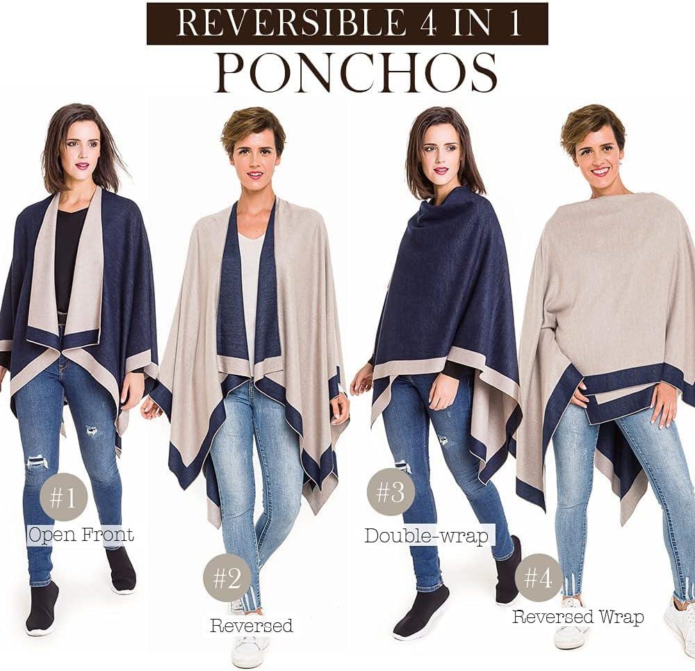 imageWomens Shawl Wrap Poncho Ruana Cape Cardigan Sweater Open Front for Travel Flight CruisesBorder Design  Gray Navy