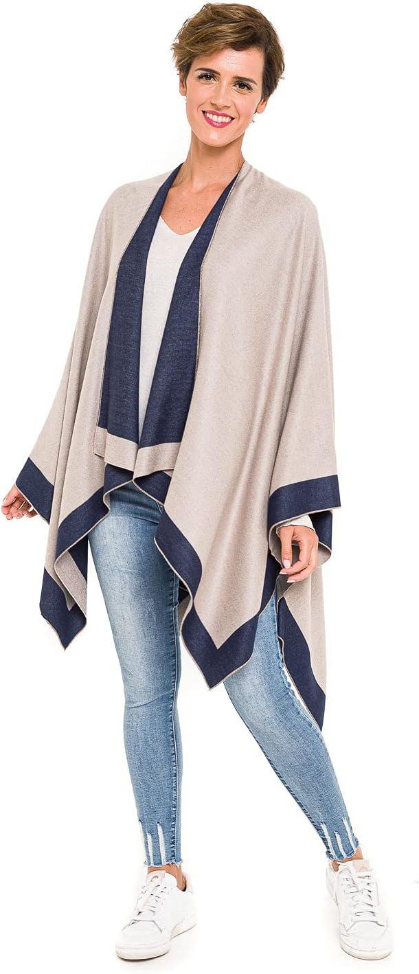 imageWomens Shawl Wrap Poncho Ruana Cape Cardigan Sweater Open Front for Travel Flight CruisesBorder Design  Gray Navy
