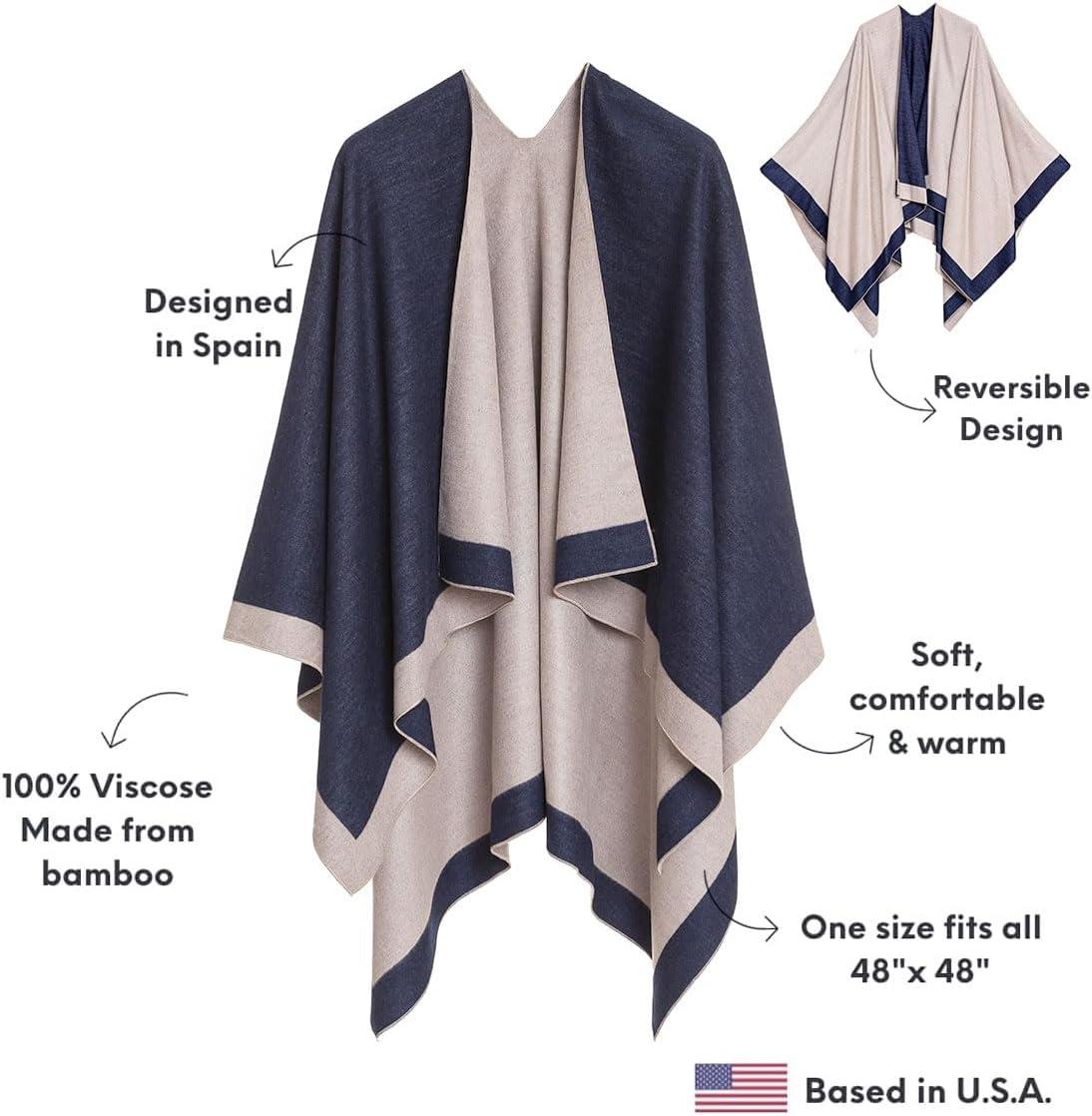 imageWomens Shawl Wrap Poncho Ruana Cape Cardigan Sweater Open Front for Travel Flight CruisesBorder Design  Gray Navy