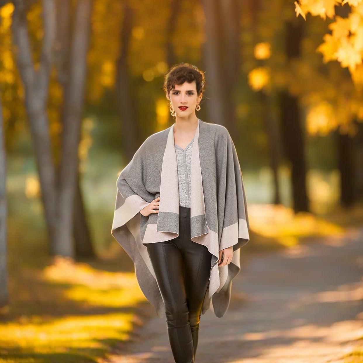 imageWomens Shawl Wrap Poncho Ruana Cape Cardigan Sweater Open Front for Travel Flight CruisesBorder Design  Gray Pink