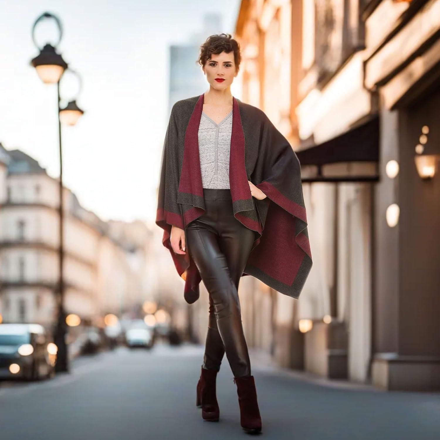 imageWomens Shawl Wrap Poncho Ruana Cape Cardigan Sweater Open Front for Travel Flight CruisesBorder Design  Purple Gray