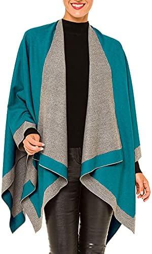 imageWomens Shawl Wrap Poncho Ruana Cape Cardigan Sweater Open Front for Travel Flight CruisesBorder Design  Turquoise Gray