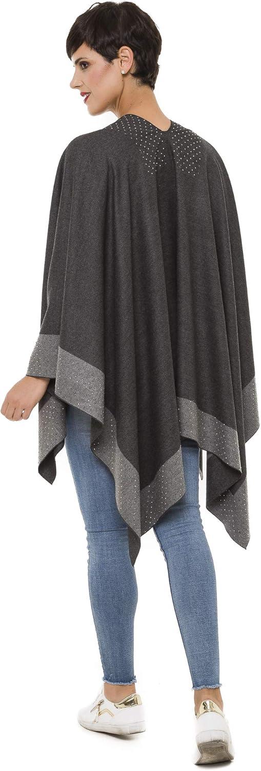 imageWomens Shawl Wrap Poncho Ruana Cape Cardigan Sweater Open Front for Travel Flight CruisesBorder With Stud  Double Gray