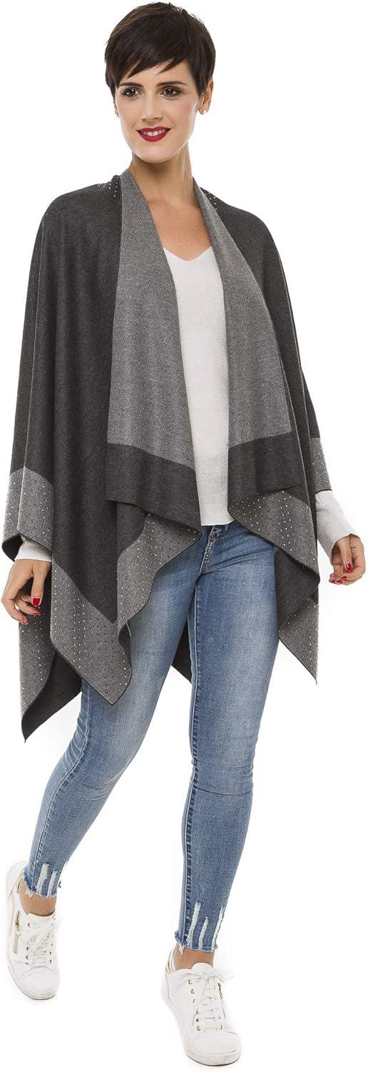 imageWomens Shawl Wrap Poncho Ruana Cape Cardigan Sweater Open Front for Travel Flight CruisesBorder With Stud  Double Gray