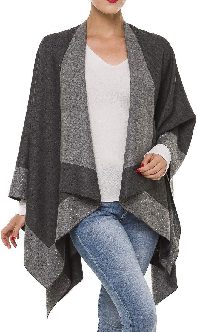 imageWomens Shawl Wrap Poncho Ruana Cape Cardigan Sweater Open Front for Travel Flight CruisesBorder With Stud  Double Gray