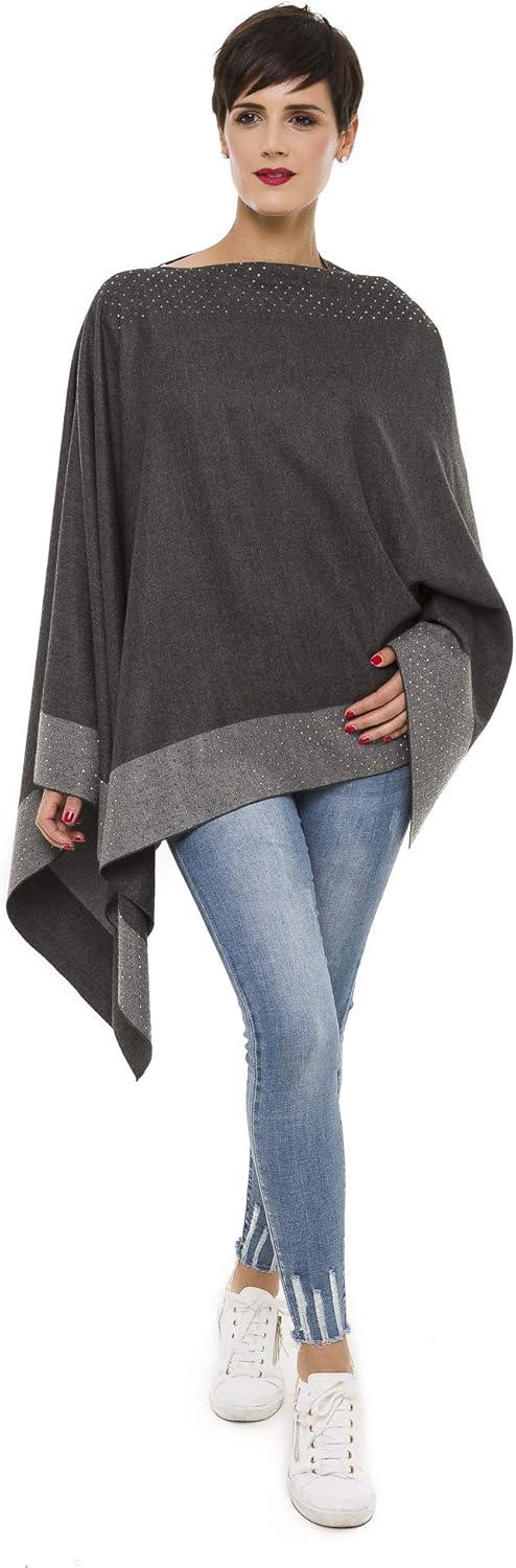 imageWomens Shawl Wrap Poncho Ruana Cape Cardigan Sweater Open Front for Travel Flight CruisesBorder With Stud  Double Gray
