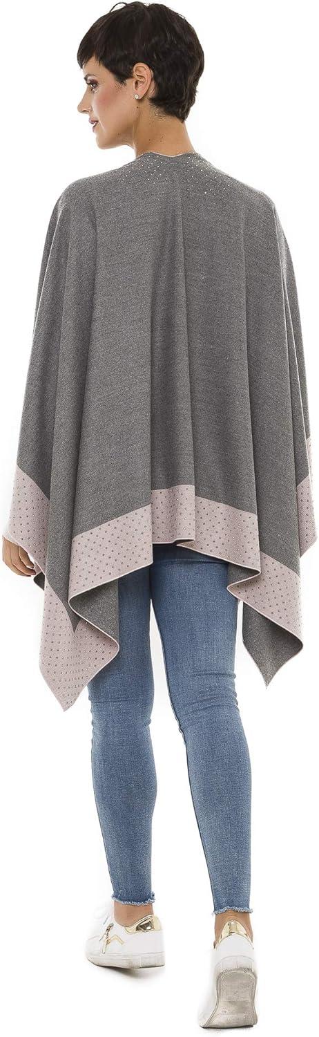 imageWomens Shawl Wrap Poncho Ruana Cape Cardigan Sweater Open Front for Travel Flight CruisesBorder With Stud  Pink Gray