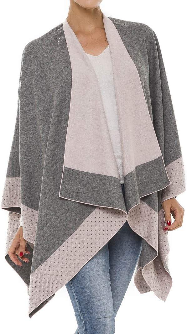 imageWomens Shawl Wrap Poncho Ruana Cape Cardigan Sweater Open Front for Travel Flight CruisesBorder With Stud  Pink Gray