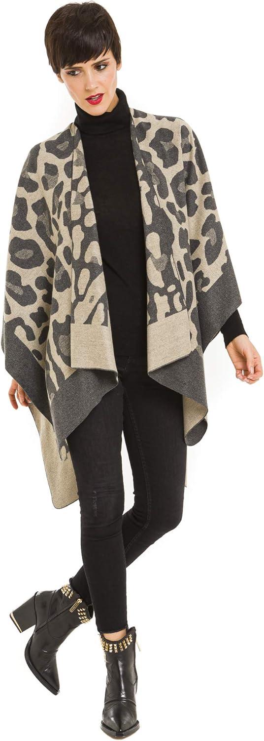 imageWomens Shawl Wrap Poncho Ruana Cape Cardigan Sweater Open Front for Travel Flight CruisesLeopard Design  Beige Gray