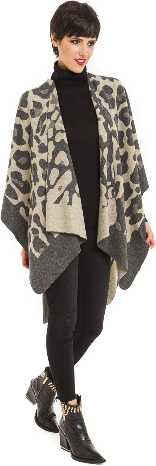 imageWomens Shawl Wrap Poncho Ruana Cape Cardigan Sweater Open Front for Travel Flight CruisesLeopard Design  Beige Gray