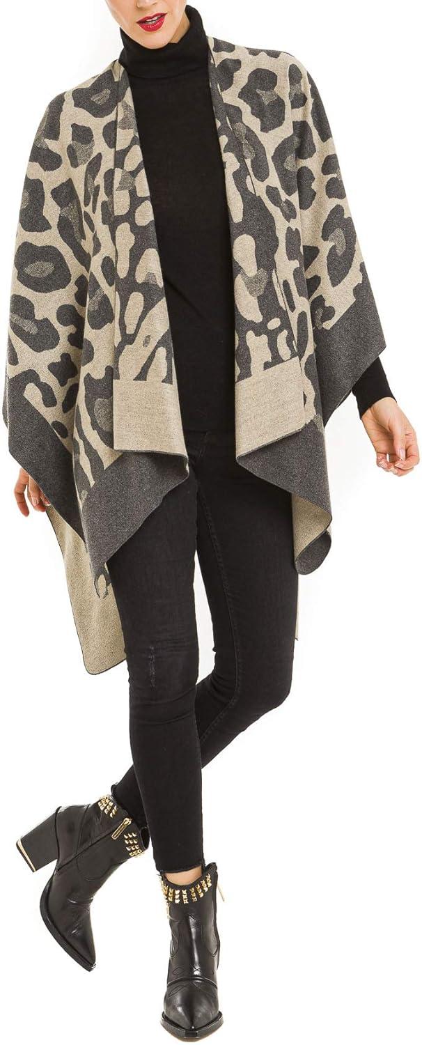 imageWomens Shawl Wrap Poncho Ruana Cape Cardigan Sweater Open Front for Travel Flight CruisesLeopard Design  Beige Gray