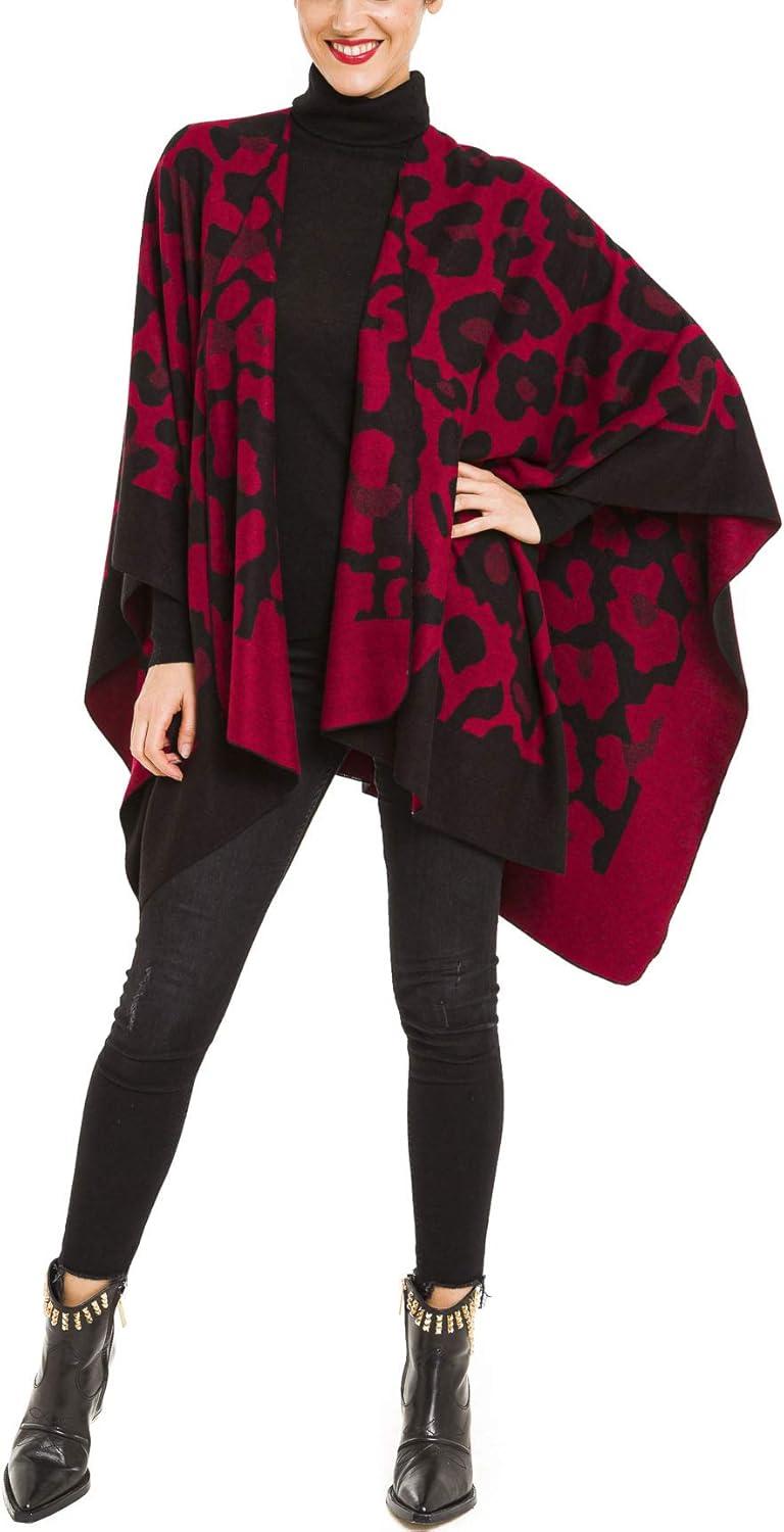 imageWomens Shawl Wrap Poncho Ruana Cape Cardigan Sweater Open Front for Travel Flight CruisesLeopard Design  Black Red