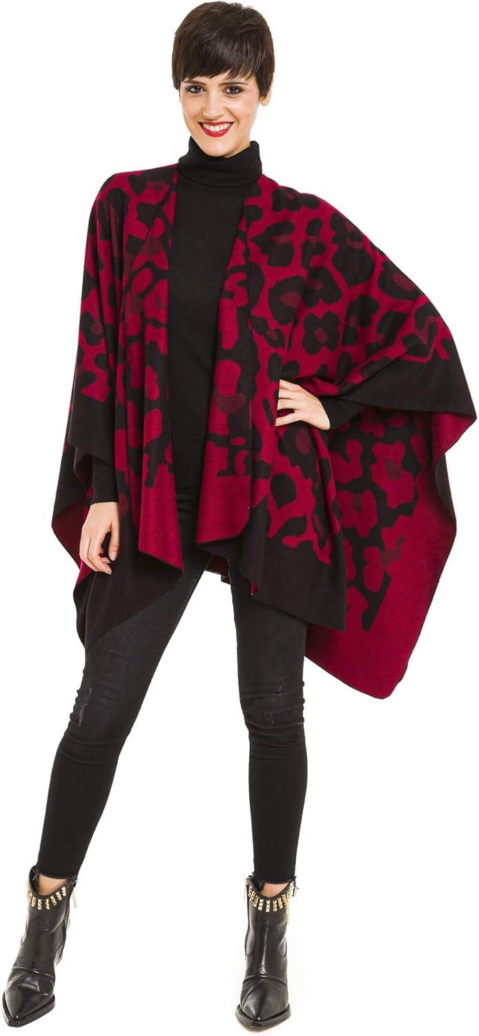 imageWomens Shawl Wrap Poncho Ruana Cape Cardigan Sweater Open Front for Travel Flight CruisesLeopard Design  Black Red