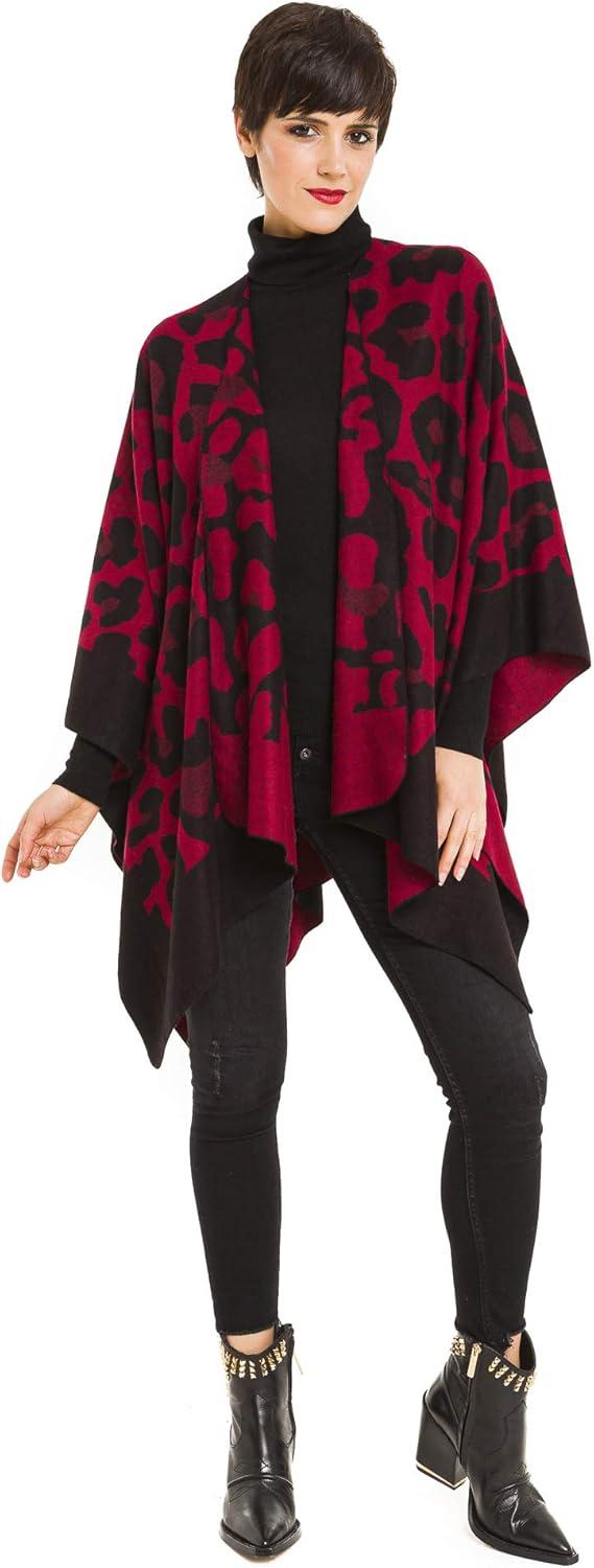 imageWomens Shawl Wrap Poncho Ruana Cape Cardigan Sweater Open Front for Travel Flight CruisesLeopard Design  Black Red