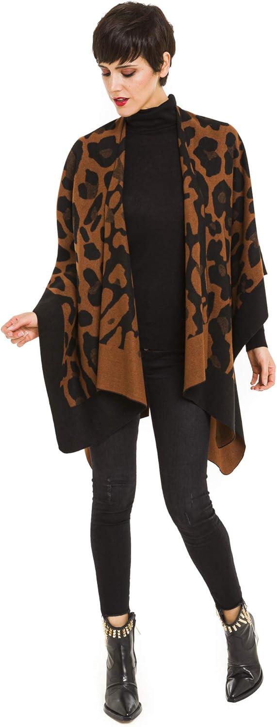 imageWomens Shawl Wrap Poncho Ruana Cape Cardigan Sweater Open Front for Travel Flight CruisesLeopard Design  Brown Black