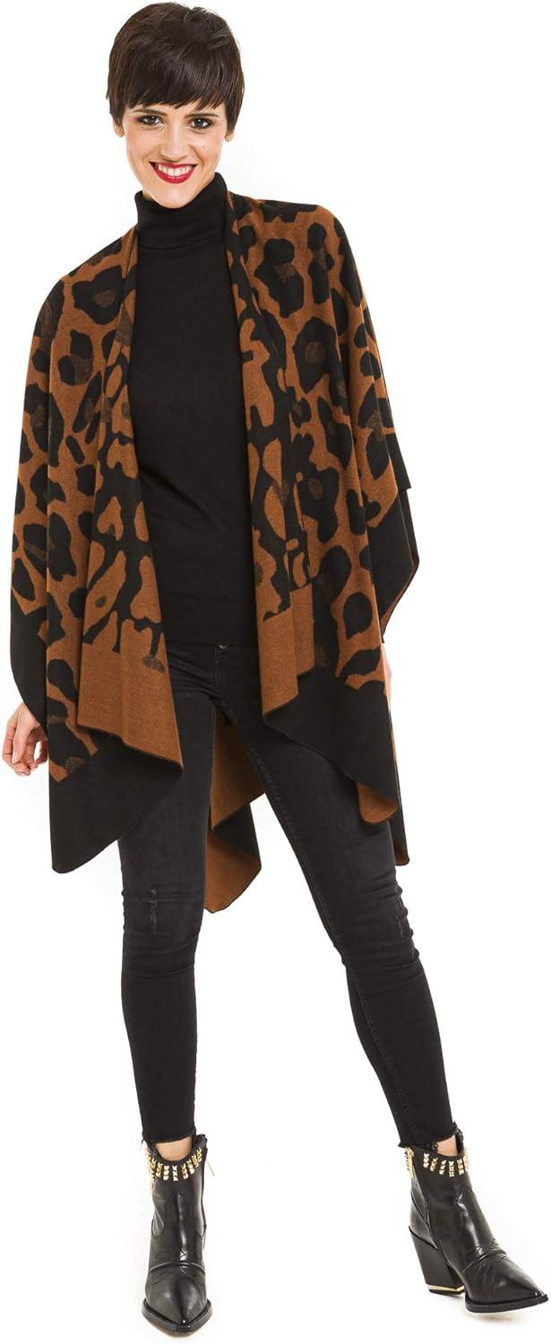 imageWomens Shawl Wrap Poncho Ruana Cape Cardigan Sweater Open Front for Travel Flight CruisesLeopard Design  Brown Black