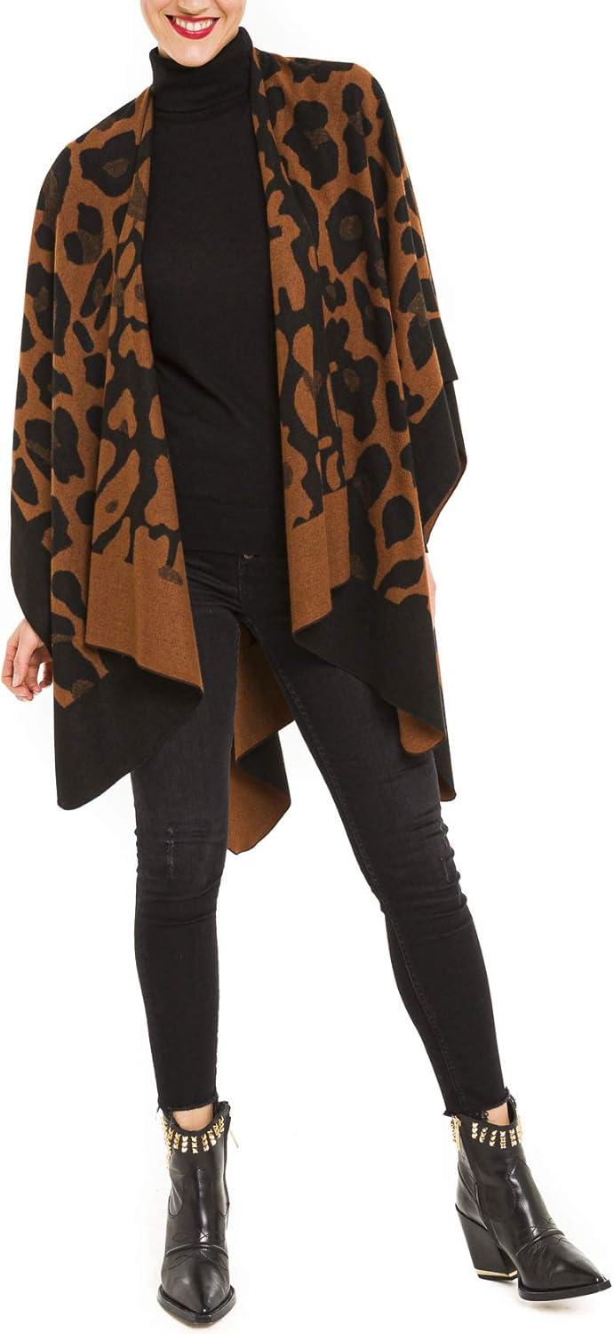 imageWomens Shawl Wrap Poncho Ruana Cape Cardigan Sweater Open Front for Travel Flight CruisesLeopard Design  Brown Black