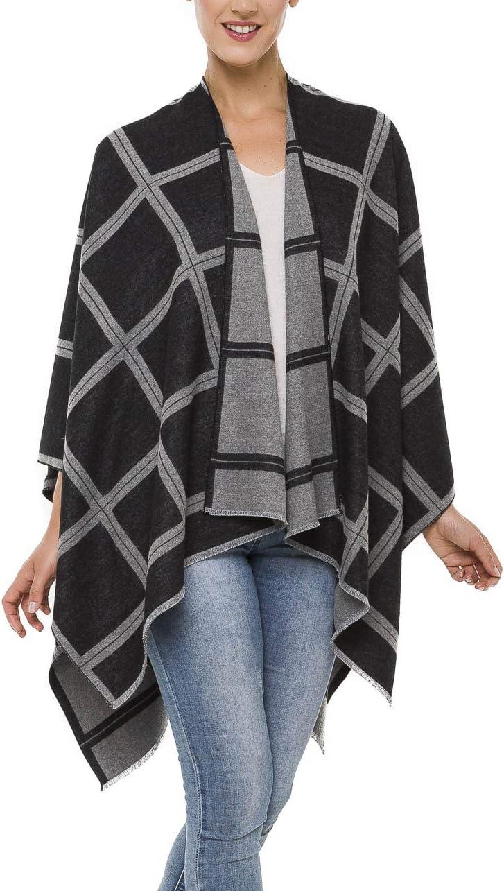 imageWomens Shawl Wrap Poncho Ruana Cape Cardigan Sweater Open Front for Travel Flight CruisesPlaid Design  Black Gray
