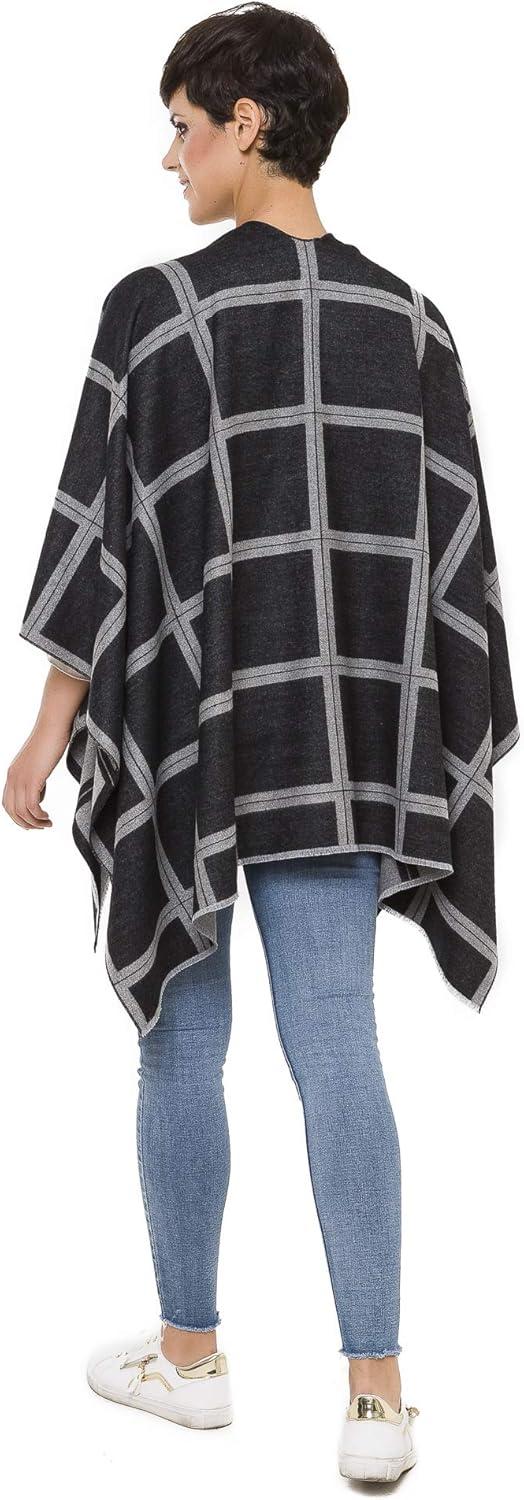 imageWomens Shawl Wrap Poncho Ruana Cape Cardigan Sweater Open Front for Travel Flight CruisesPlaid Design  Black Gray