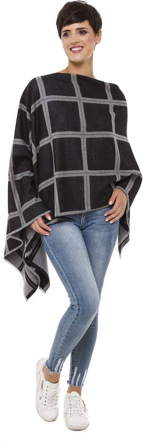 imageWomens Shawl Wrap Poncho Ruana Cape Cardigan Sweater Open Front for Travel Flight CruisesPlaid Design  Black Gray
