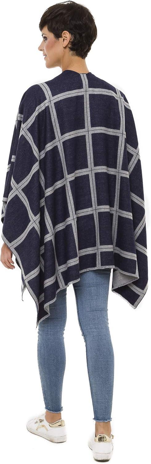 imageWomens Shawl Wrap Poncho Ruana Cape Cardigan Sweater Open Front for Travel Flight CruisesPlaid Design  Navy Gray