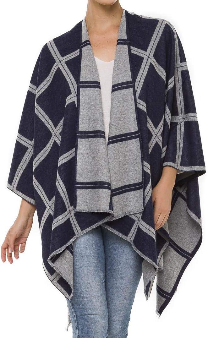 imageWomens Shawl Wrap Poncho Ruana Cape Cardigan Sweater Open Front for Travel Flight CruisesPlaid Design  Navy Gray