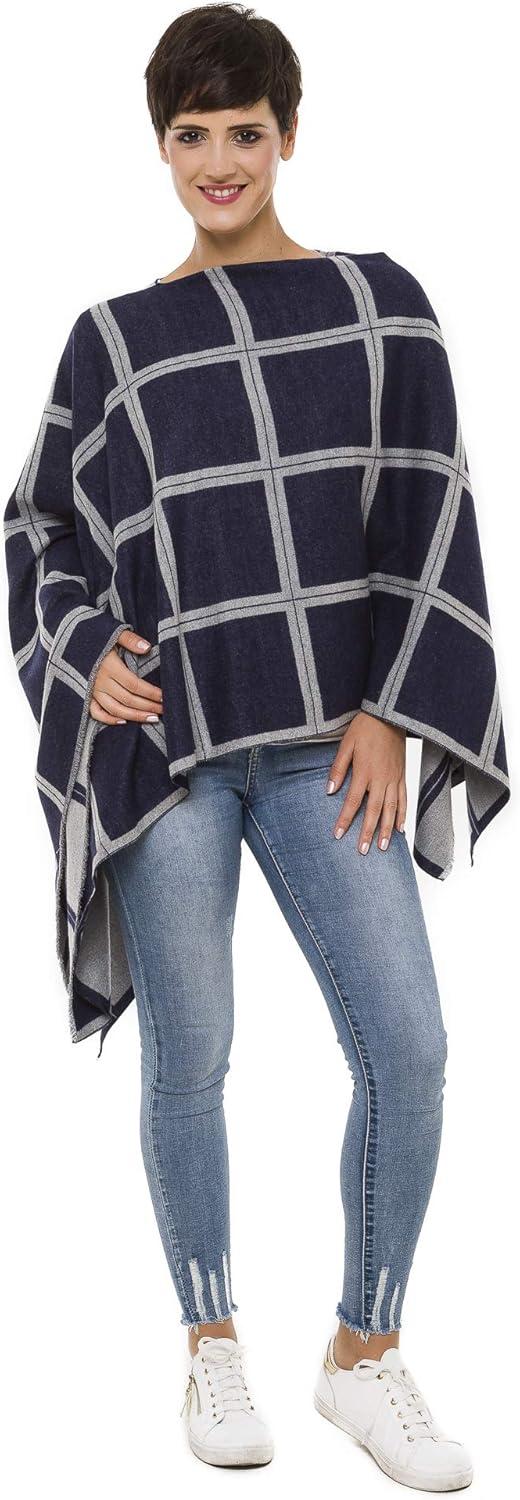 imageWomens Shawl Wrap Poncho Ruana Cape Cardigan Sweater Open Front for Travel Flight CruisesPlaid Design  Navy Gray