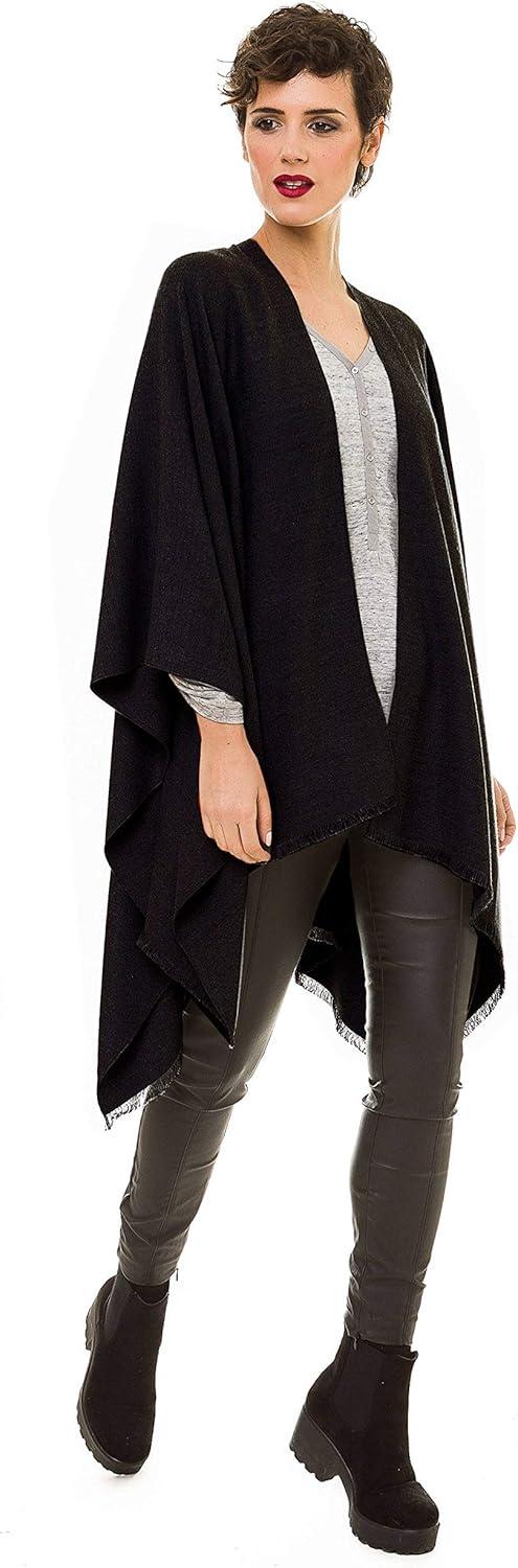 imageWomens Shawl Wrap Poncho Ruana Cape Cardigan Sweater Open Front for Travel Flight CruisesSolid Color Design  Black